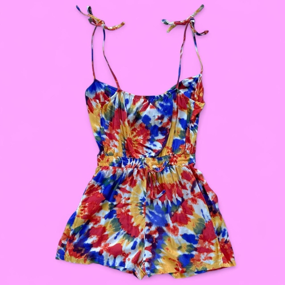 Nasty Gal 🌈 Tie-Dye Romper | Size 4 | Open Back, Pockets, Adjustable Straps